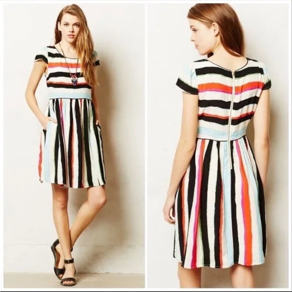 Anthropology Maeve flared stripe  multicolor dress size 0 Cap Sleeves Zip Back - Picture 12 of 14